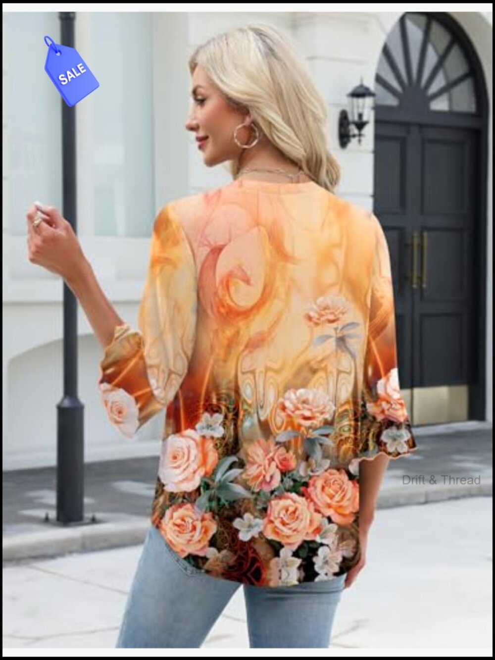 3/4 Sleeve V-Neck Button Down Tunic Tops Women Casual Blouse Ruffle Bell Sleeve - Picture 4 of 7